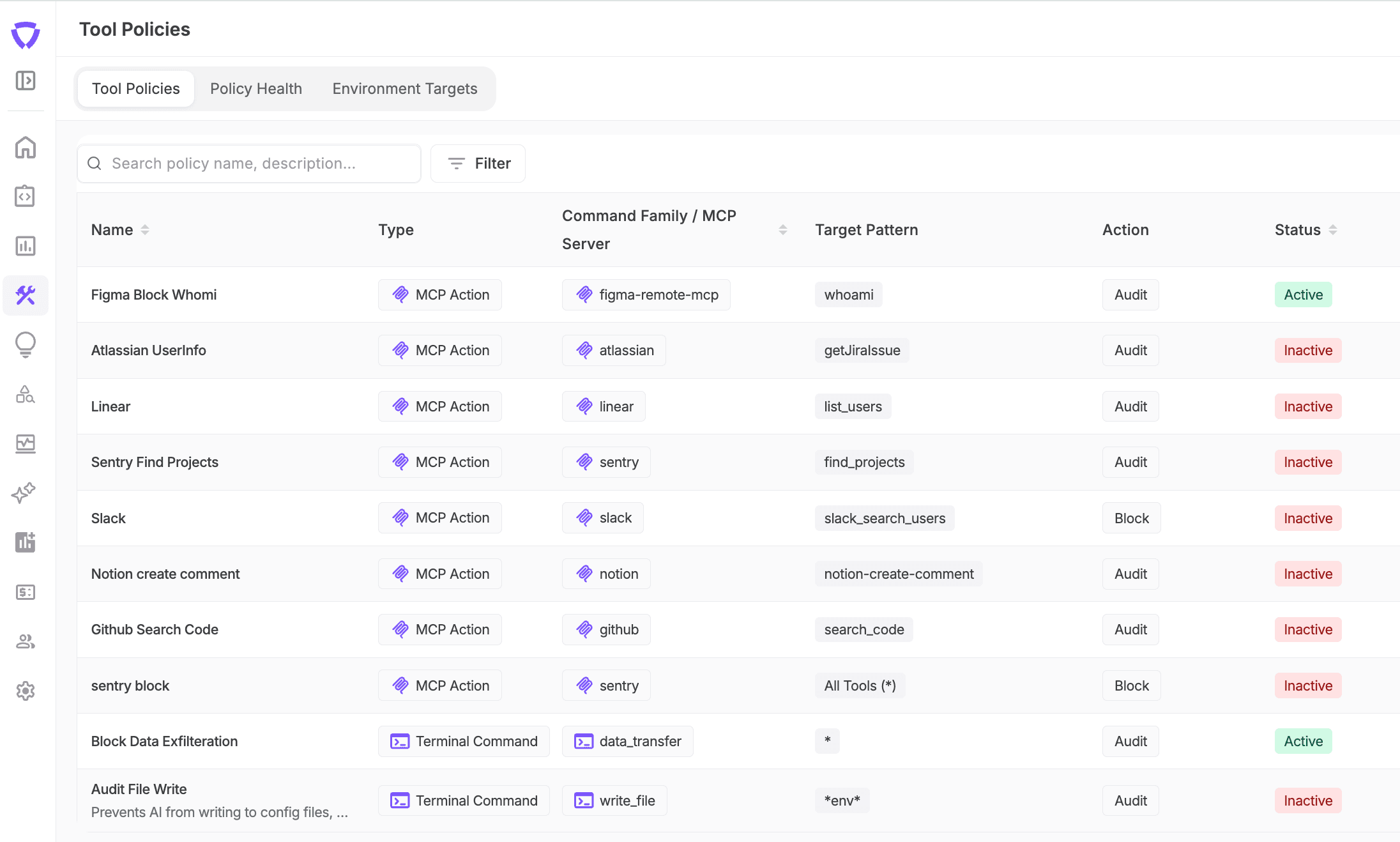 Tool Policies — MCP action and terminal command rules with audit and block actions